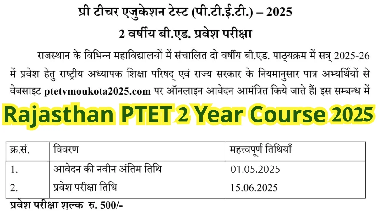 Rajasthan PTET 2 Year Course 2025 Notification Apply Application Before Last Date
